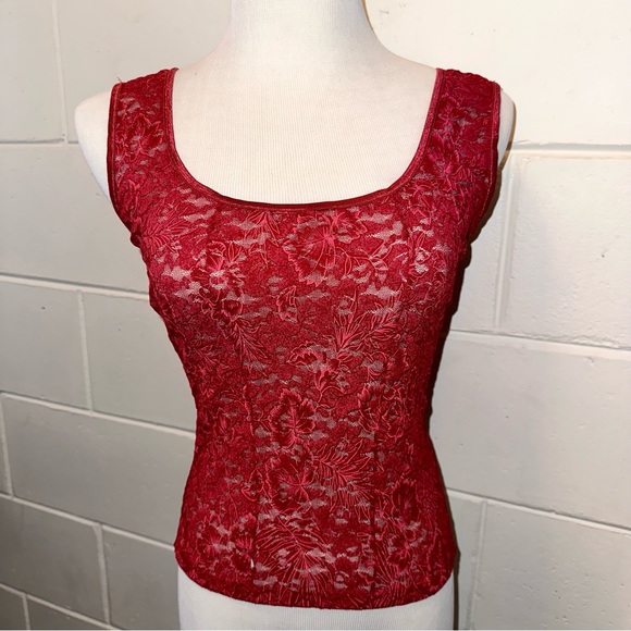 VTG lace corset style red floral stretch tank top sheer vintage vamp lingerie S - Picture 3 of 7